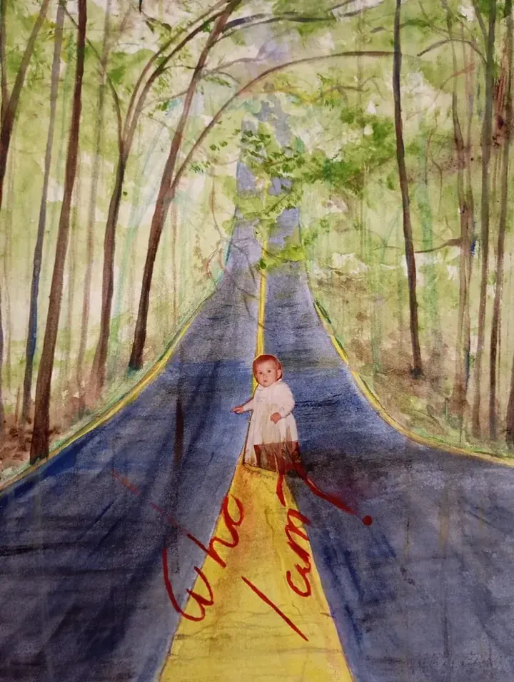 Acuarela de un camino entre árboles con una niña y las palabras «Who I am?» escritas en rojo