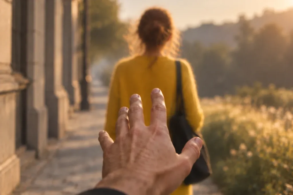 Mano que se extiende hacia una mujer con jersey amarillo que se aleja por un camino al atardecer