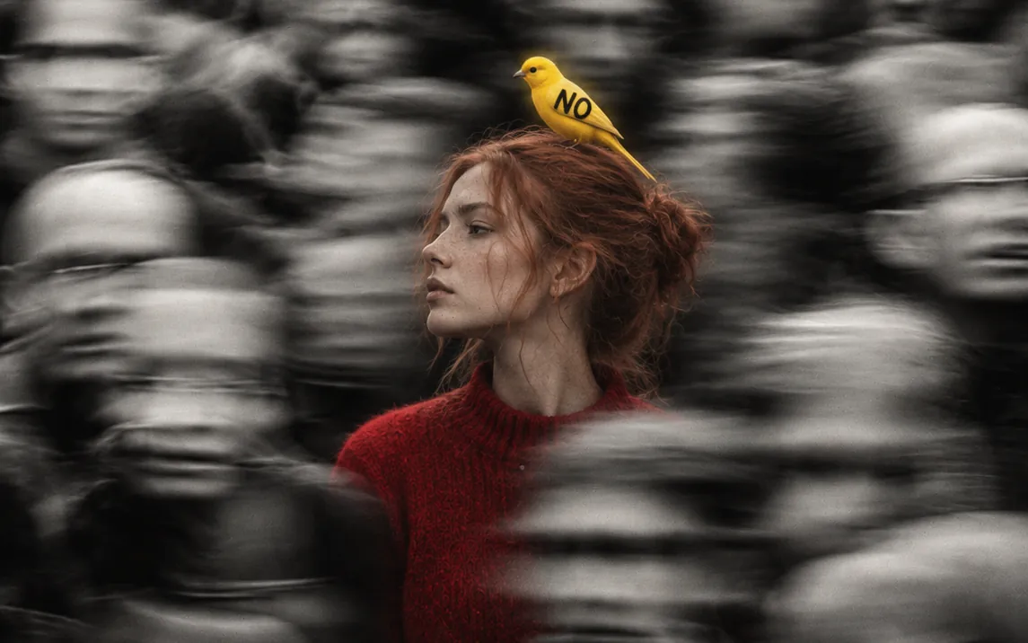 Mujer pelirroja con jersey rojo entre una multitud desenfocada en blanco y negro, con un canario amarillo con la palabra NO posado en la cabeza