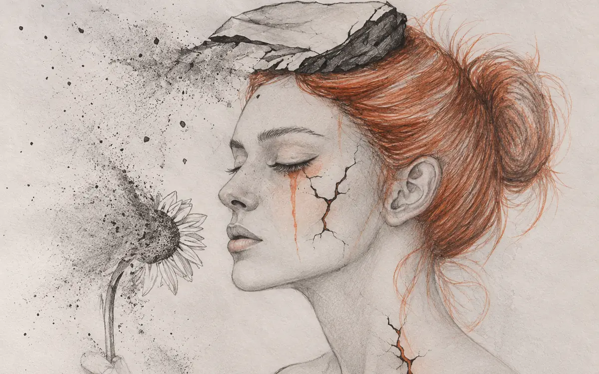 Ilustración a lápiz de una mujer pelirroja con los ojos cerrados y lágrimas, con grietas en la piel, oliendo un girasol que se deshace en polvo