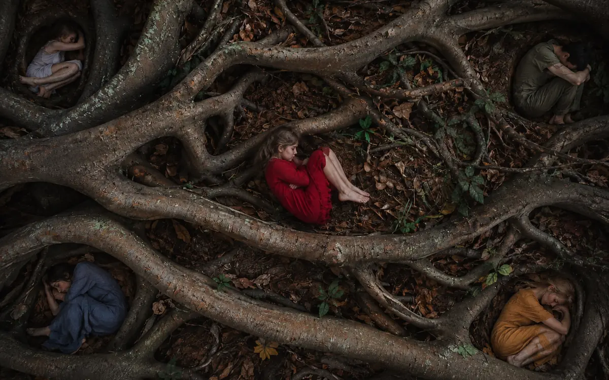 Una niña con vestido rojo y otras personas acurrucadas entre grandes raíces de árbol, vistas desde arriba